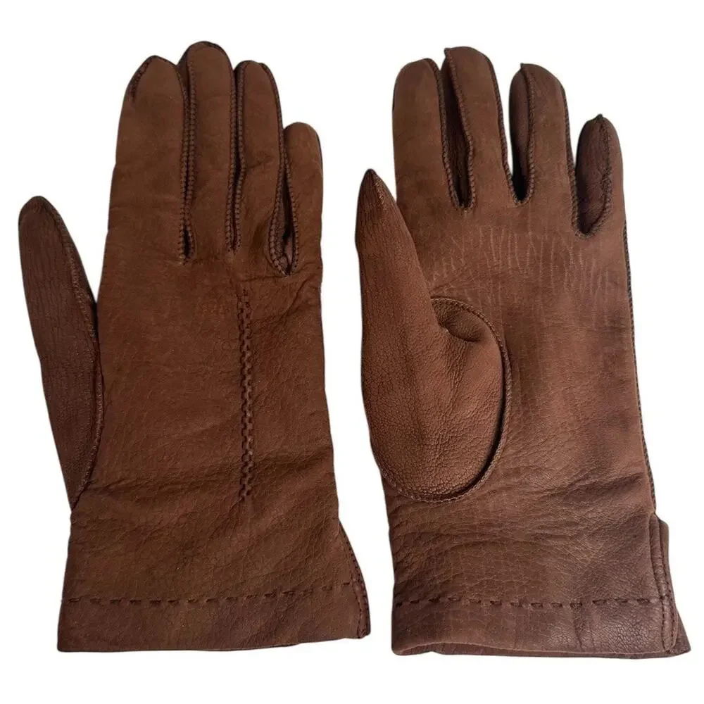 Vtg Women's Soft Leather Brown Wool Lined Gloves Sz 6.5 Made In Italy‎ Winter EC